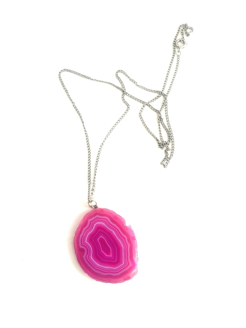 Pink Agate Pendant Necklace - Silver Chain